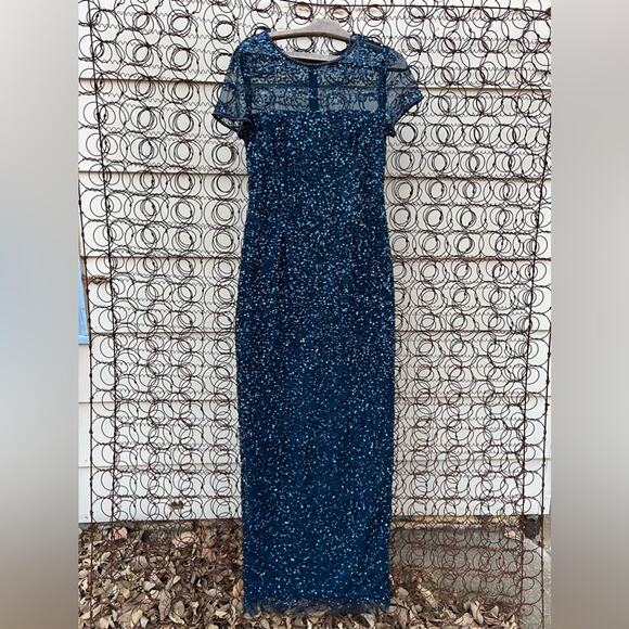 Adriana Papell Navy Blue Bead Sequin Long Formal Short Sleeve Glam Gown Size 8 - Picture 1 of 11